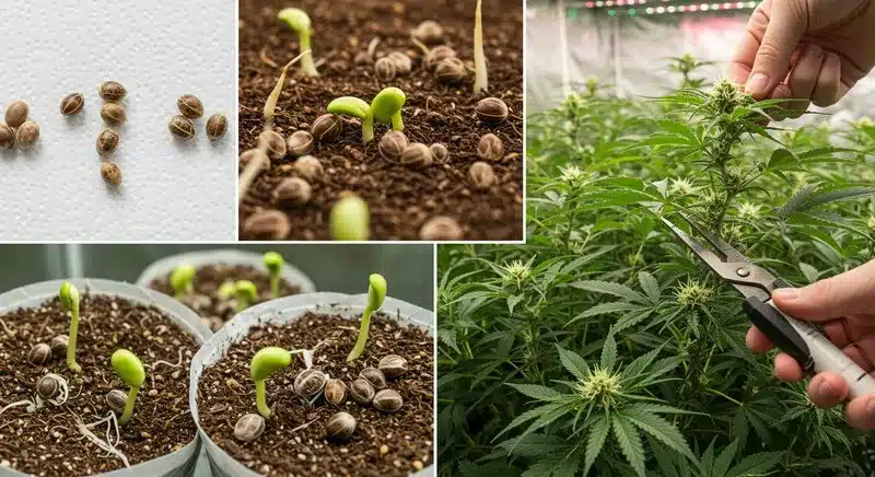 Lemon Skunk CBD (1:30) plants during germination and pruning, showing strong root development and healthy indoor growth for optimal CBD yield.