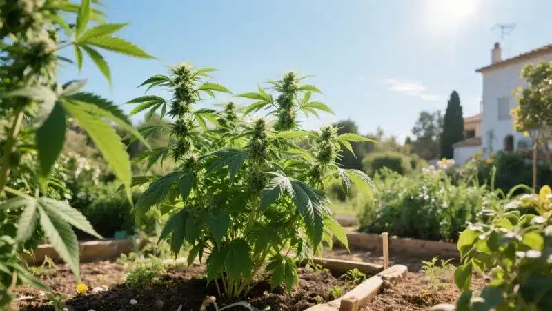 Lemon Skunk CBD (1:30) thriving outdoors with dense green foliage, ideal for natural cultivation and high-CBD flower production in sunny climates.