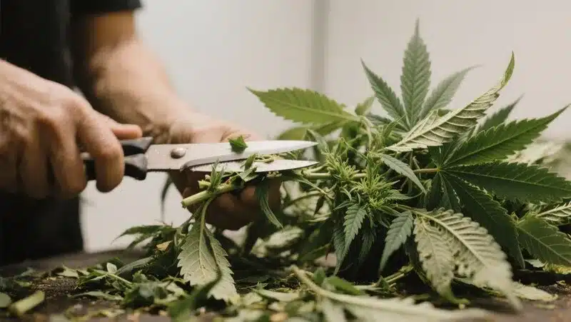 A grower trimming Lemon Star branches to remove excess leaves and improve bud quality, a key step for healthy and productive harvests.