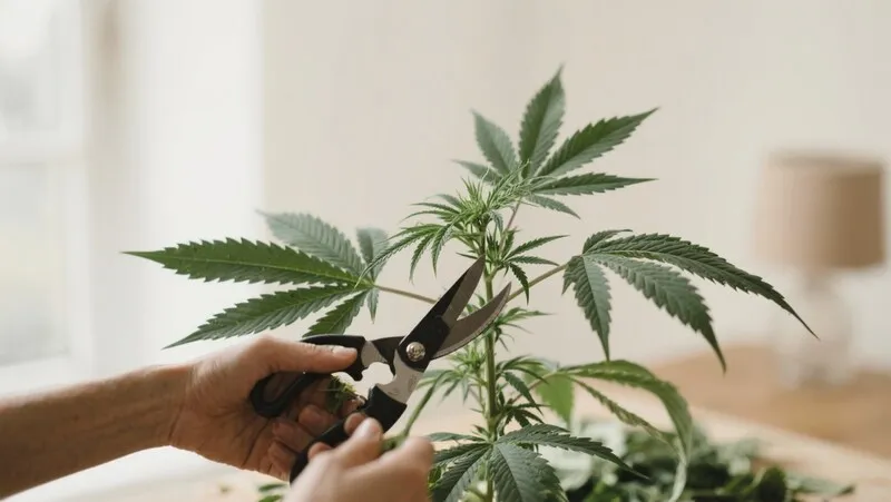 Lemonaid OG plant being pruned to enhance airflow and light exposure, helping the buds develop with full aroma and potency indoors.