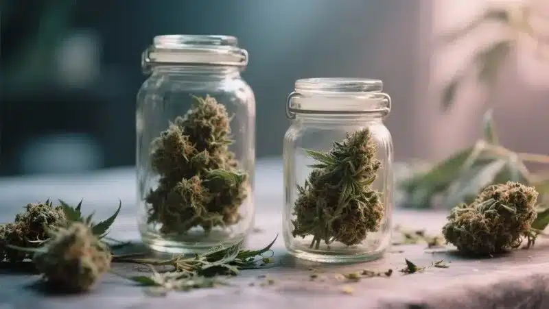 Lyly Sour x Blue OG buds carefully cured and stored in glass jars to preserve their terpene profile, aroma, and long-lasting potency.