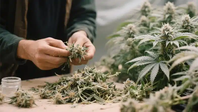 A grower trims freshly harvested Lyly Sour x Blue OG buds to enhance appearance and maintain the strain’s high resin content.