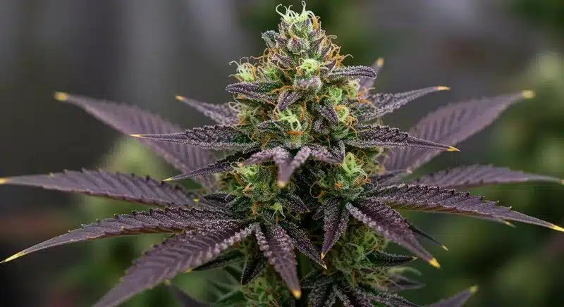 Lyly Sour x Blue OG: Resinous Cannabis Flower with Purple Hues.