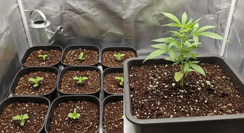 Young Mamba Negra CBD Auto plants in early vegetative stage showing healthy root and leaf development in an indoor grow setup.