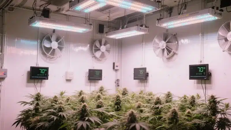 Mamba Negra CBD Auto plants thriving under full-spectrum LED lighting in a temperature-controlled indoor grow environment.