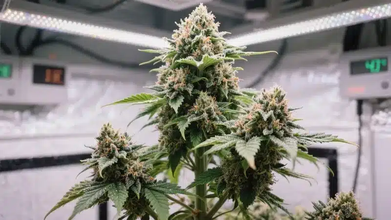 Mandarine Auto plants in full bloom, producing dense, citrus-scented buds covered in sticky resin under LED grow lights.
