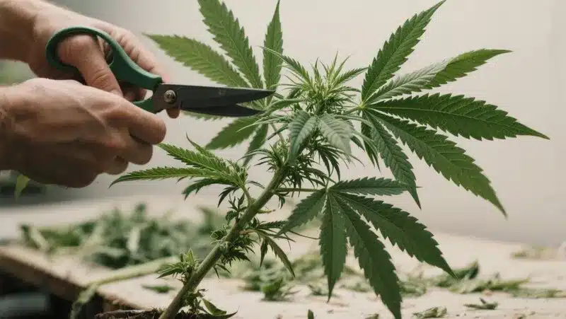 Grower trimming a Maracuya Regular plant to boost light exposure and improve bud development during vegetative stage.