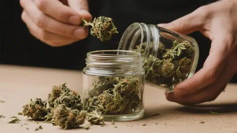 Cured Maple Leaf buds being stored in glass jars to preserve aroma, potency, and freshness for long-term use.