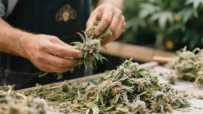 Grower trimming resin-covered Master Kush Regular buds, highlighting dense flowers and earthy, citrus fragrance.