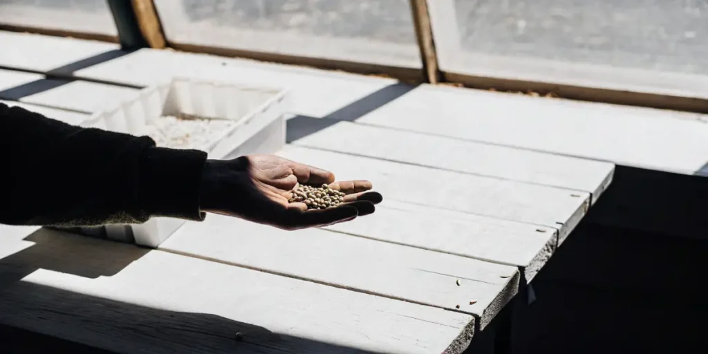 Palm holding cannabis seeds near greenhouse benches under soft natural light