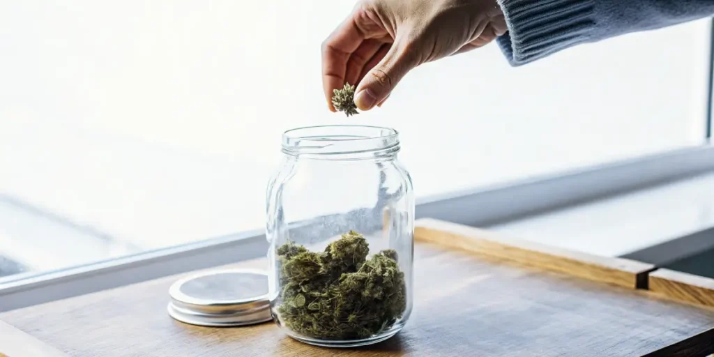 Person adding a cannabis flower into a clear glass jar near a window