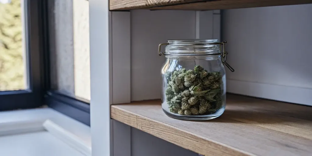 Airtight glass jar storing dried cannabis flower on a wooden shelf indoors.