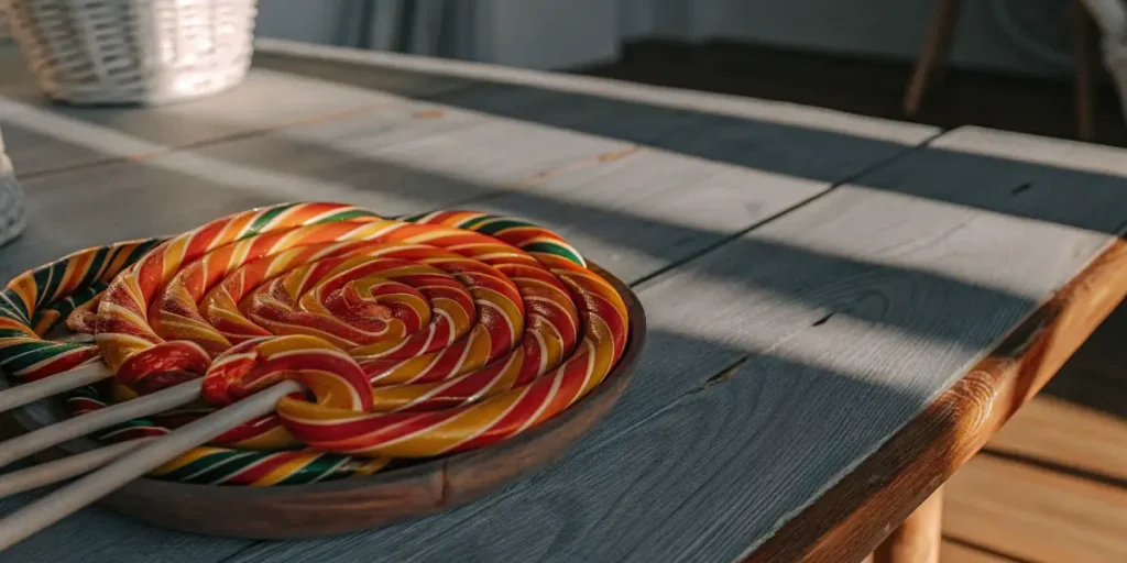 Assorted swirled cannabis lollipops arranged on a wooden table near a sunlit window.
