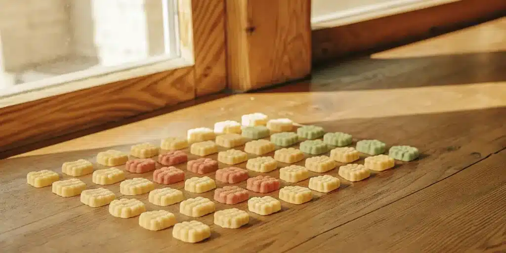 Assorted flower-shaped THC gummies arranged neatly on a wooden table near a sunlit window.