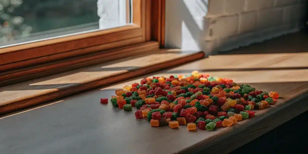 Assorted THC gummies spread out on a wooden surface near natural light
