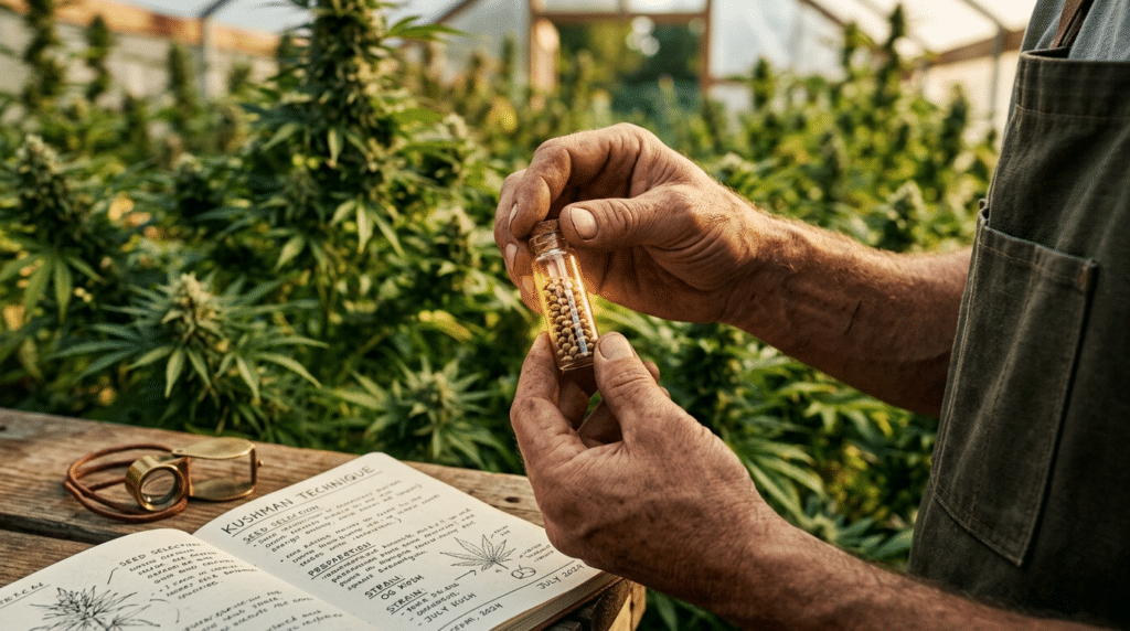 Blimburn Seeds Kyle Kushman genetics-first cannabis growing with a grower holding cannabis seeds in a greenhouse.