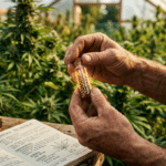 Blimburn Seeds Kyle Kushman genetics-first cannabis growing with a grower holding cannabis seeds in a greenhouse.