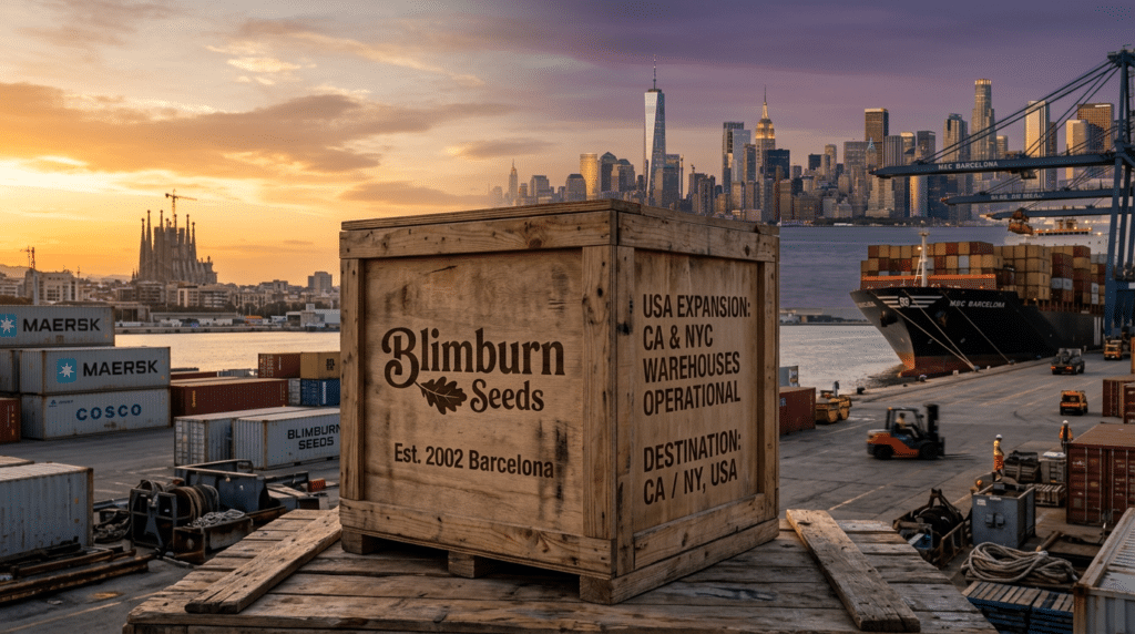 Blimburn Seeds USA expansion shipping port scene with a branded crate, cargo containers, and sunset skyline background.