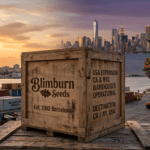 Blimburn Seeds USA expansion shipping port scene with a branded crate, cargo containers, and sunset skyline background.