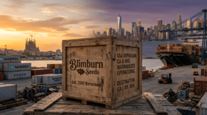 Blimburn Seeds USA expansion shipping port scene with a branded crate, cargo containers, and sunset skyline background.