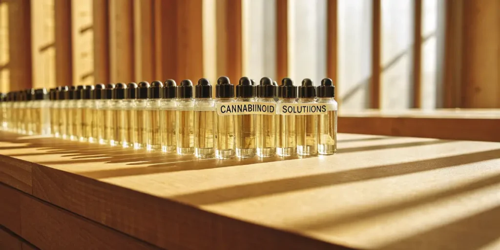 Dropper vials labeled cannabinoid solutions aligned on a wooden table under warm natural light.