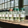 Glass bottles labeled cannabinoid solutions arranged on a wooden surface near a window in natural light.
