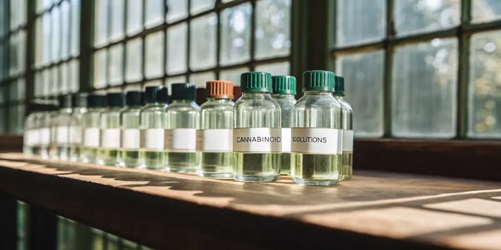 Glass bottles labeled cannabinoid solutions arranged on a wooden surface near a window in natural light.