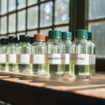 Glass bottles labeled cannabinoid solutions arranged on a wooden surface near a window in natural light.