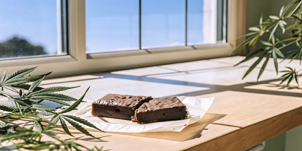 Cannabis brownie edible placed on parchment paper near a window, surrounded by cannabis leaves in natural light.