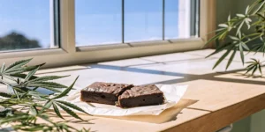 Cannabis brownie edible placed on parchment paper near a window, surrounded by cannabis leaves in natural light.