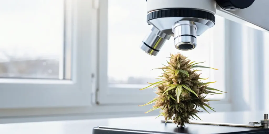 Cannabis bud examined under a microscope in a laboratory to analyze trichomes and flower structure.