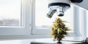 Cannabis bud examined under a microscope in a laboratory to analyze trichomes and flower structure.