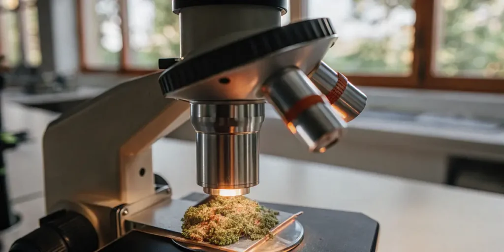 Cannabis bud under a microscope in a laboratory setting for trichome and resin analysis.