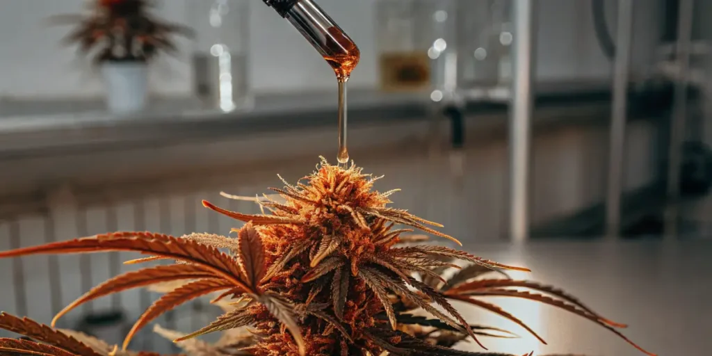 Cannabis bud with amber oil dripping from a glass dropper during extraction or testing in a lab setting.