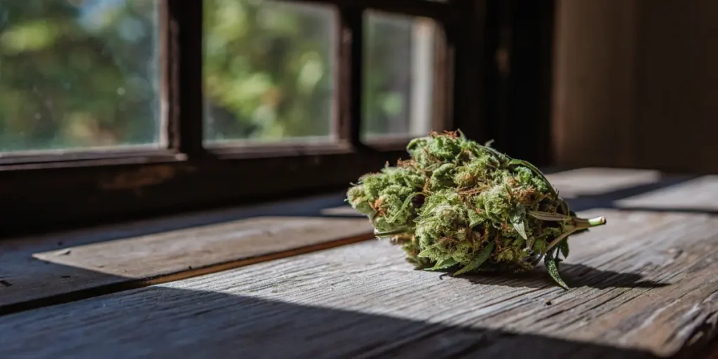 A detailed view of a mature cannabis bud lying on a rustic wooden table by a window, showcasing natural texture, trichome coverage, and fresh harvest quality.