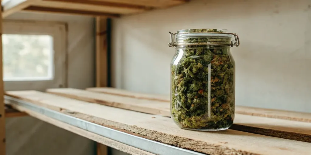 Glass jar filled with cannabis buds stored on wooden shelves in a clean indoor room.