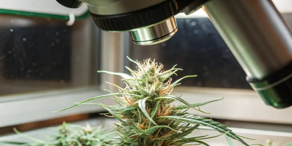 Microscopic inspection of a cannabis flower in a controlled laboratory environment.