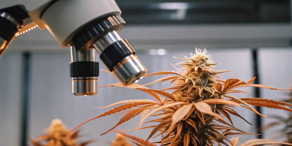 Cannabis bud examined under a microscope in a laboratory environment, highlighting trichomes and flower structure.
