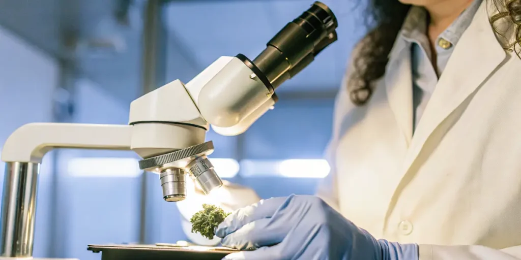 Scientist examining a cannabis bud under a microscope in a laboratory setting
