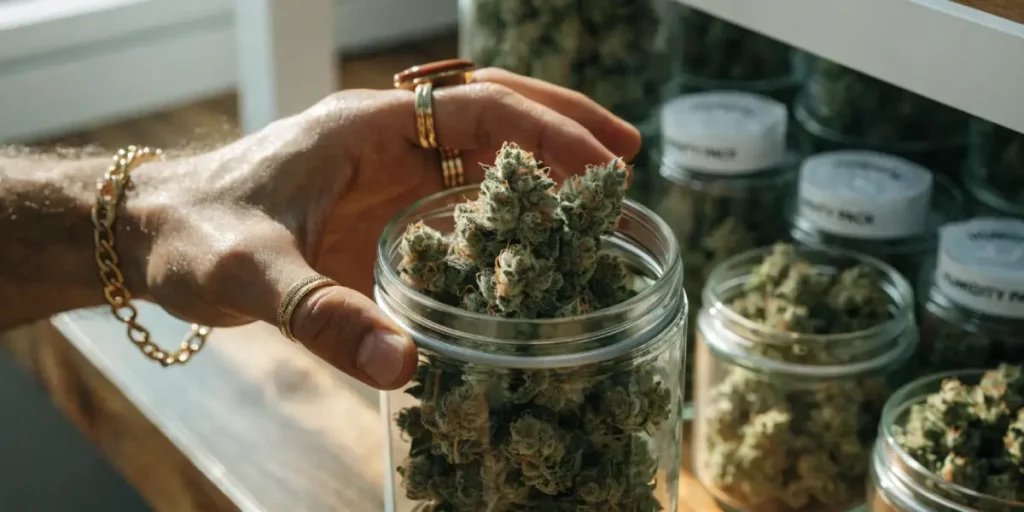 Hand holding a jar filled with cannabis buds in a storage setup with multiple labeled containers.