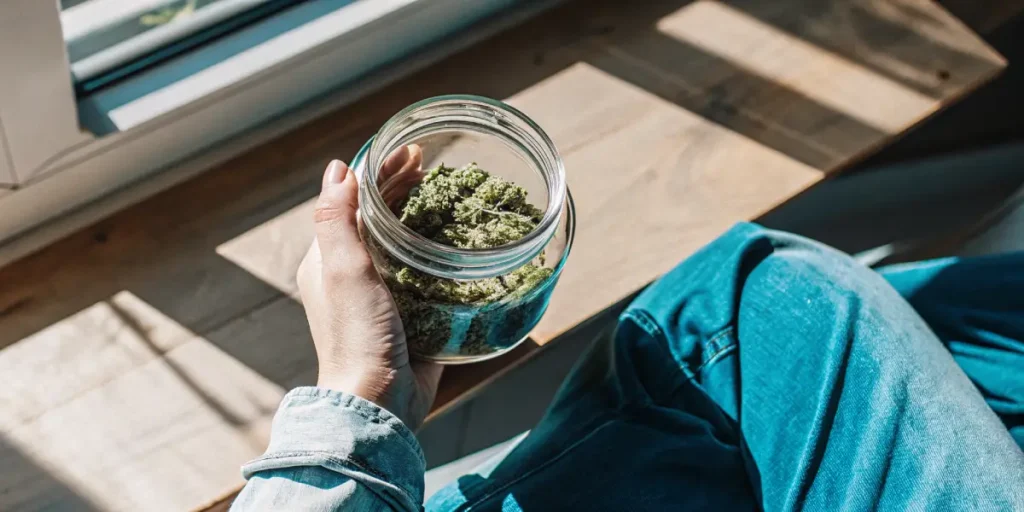 Glass jar with cannabis buds held by hand while seated near a window in natural daylight.