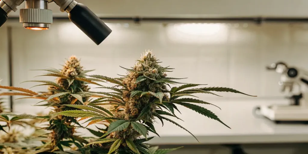 Mature cannabis buds being examined under a microscope in a professional cannabis laboratory environment.