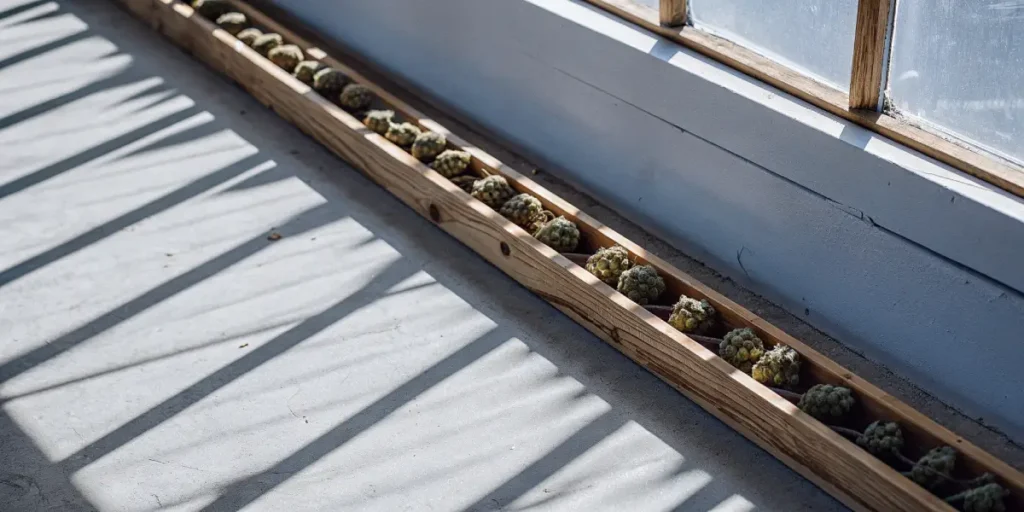 Cannabis buds carefully lined up in a wooden tray near a window with natural light.