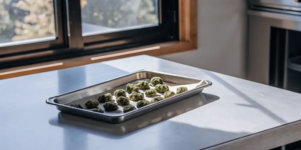 Cannabis buds evenly spaced on a metal baking tray lined with parchment paper, placed on a kitchen counter near a sunlit window.
