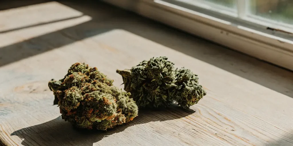 Cannabis buds on a wooden surface by a window, displaying frosty trichomes and varied green tones in natural light.