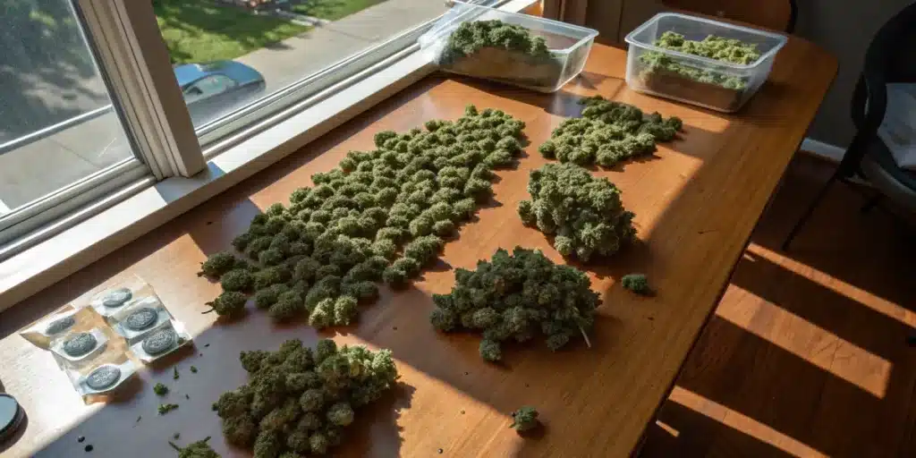 Cannabis buds spread on a wooden table near a window during sorting and drying process.