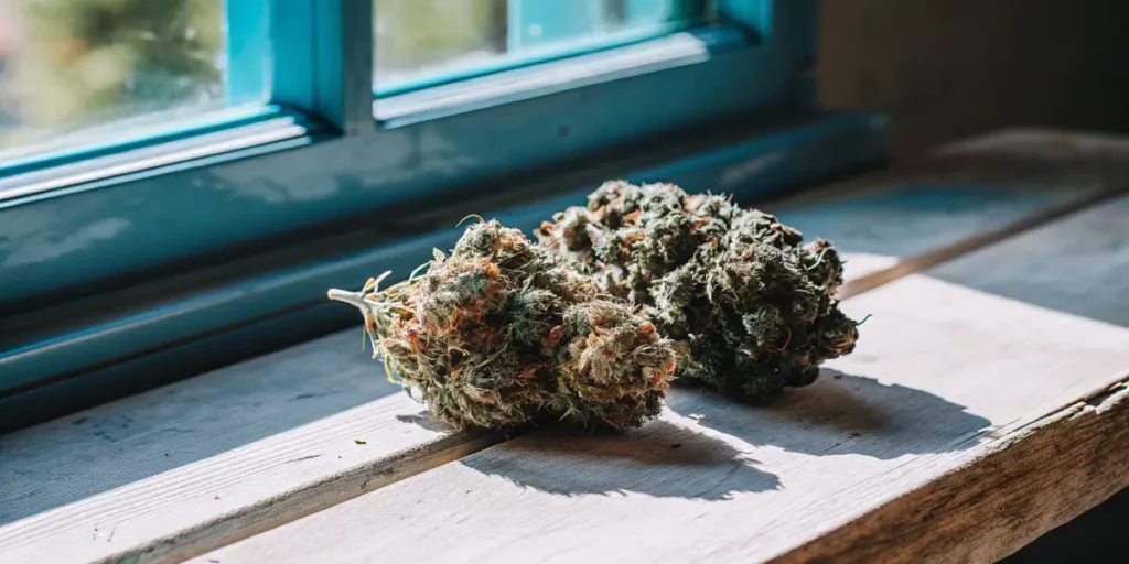 Two cannabis buds resting on a wooden windowsill, showing detailed texture and orange pistils in daylight.