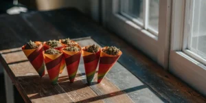 Colorful cannabis candy cones filled with ground marijuana buds arranged on a wooden table near a window.