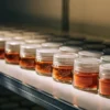 Cannabis concentrates stored in small glass jars arranged on a metal shelf in a laboratory environment.