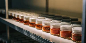 Cannabis concentrates stored in small glass jars arranged on a metal shelf in a laboratory environment.